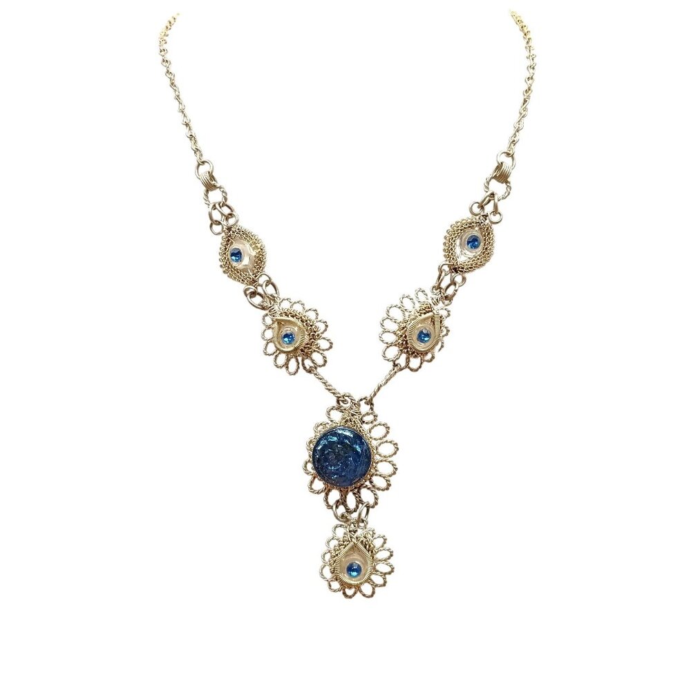 Antique Etruscan Revival Silver Lavalier Choker Necklace Silver and Blue Glass